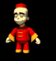 A 3D-rendered character in red traditional attire with yellow accents performs a sequence of animated movements against black background.