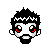 Four pixel art character head views on gray background: spiky hair with white zigzag line, red eyes, black beard; bald with red mouth; closed eyes with mustache.