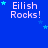 Blue background with repeated 'Eilish Rocks!' text and scattered light blue stars in a