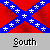 A contact sheet of three animated frames showing a Confederate battle flag design with the word "South" below each frame on a gray background.