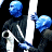 A 48x48 pixel buddy icon featuring a blue-skinned character in dark clothing holding a glowing white object, next to bold blue text reading "BLUE MAN GROUP" on a black background.