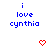 Blue text 'i love cynthia' on white background with red heart and arrow symbols changing across frames.