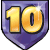 A shield-shaped icon with a purple background displays the number 10 in golden numerals, transitioning through multiple animation states including confetti and character expressions.