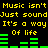 Yellow text on black background repeats 'Music isn't Just sound It's a way Of life' with green audio equalizer bars animating below.