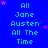 Blue background with repeated cyan text "All Jane Austen All The Time" and scattered pink and purple stars.