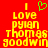 Red background with yellow pixelated text reading 'I love pyian thomas goodwin' and a green heart symbol above the 'I' on the left side.
