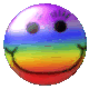 Rainbow-colored circular icon with smiling face, black eyes, and curved mouth, showing animation changes in facial orientation and color gradient shifts.