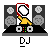Pixel art of a yellow figure with red headphones operating a DJ booth with speakers and a mixer, labeled "DJ" below.