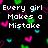 Pixelated text reads 'Every girl Makes a Mistake Loving you...' over black background with floating pink, green, and cyan hearts.