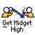 Pixelated yellow figures with large white eyes hold a blue object between them, with text below reading 'Get Midget High' on a gray background.