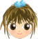 Pixelated cartoon head with brown hair, blue bow, and closed eyes on gray background.