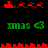 Red pixelated sleighs with reindeer and green 'xmas' text on black background, alternating between two states of horizontal red bar patterns.