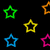 Pixelated star icons in green, yellow, blue, pink, and orange on black background with text about stars colliding in eyes on pink and purple backgrounds.