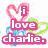 Pixelated icon with pink and blue heart outlines, text reading "i love charlie." in magenta and white lettering over green swirls.