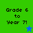 Four display 'Grade 6 to Year 7!' text with star icons; top-left green background has blue star, bottom-left blue background has green star