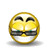 Yellow circular face with black eyebrows, blue eyes, and gray mouth covering in multiple expressions.