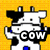 Pixelated cow icon with black-and-white patches, blue hooves, and a yellow checkered background; text 'COW' appears on one version.