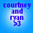 Blue background with purple text reading 'courtney and ryan 53' in pixelated font, displayed across four showing slight variations
