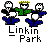 Pixelated cartoon figures with green and blue clothing, white faces, and yellow hats appear above 'Linkin Park' text as a star-shaped object grows larger across frames.
