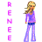 Pixelated static buddy icon featuring a cartoon woman in purple clothing with vertical pink text reading "RENEE" on the left side against a white background.