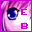 Pixelated anime-style close-up of a character's eye with pink hair, featuring purple 'E' and 'B' text on white background.