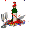 Green bottle with red ribbon, two champagne flutes, and scattered confetti on gray background.
