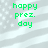 Green pixelated text 'happy prez. day' on a light gray background with white diagonal stripes and scattered white dots.