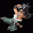 Pixelated anime-style character in dynamic pose with flowing hair and clothing, next to stylized text on black background.