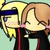 Two chibi-style characters embrace; one with blonde hair and blue eyes winks while the other with brown hair closes their eyes, both wearing black outfits with red accents.