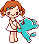 Pixel art of a girl with brown pigtails holding a blue dolphin-like creature, showing three variations with different expressions and pink heart symbols.