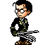 Pixel art character in black suit with green accents, white shirt, and brown shoes holding a striped object that emits white streaks