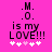 .M. .O. is my LOVE!!! with five white and pink hearts on a bright pink background, two versions differ in heart color sequence.