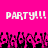 Pixelated pink background with white text reading 'PARTY!!!' repeated twice, and a of black and pink pixelated figures below