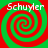 Four identical spiral patterns in red and green with the text "Schuyler" overlaid on each quadrant.