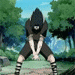 Animated sequence showing a character in a forest background transitioning from a crouched pose to a glowing state and then to a large mountain-like form.