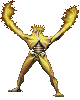 Golden armored figure in five sequential poses with glowing effects, transitioning from raised arms to chest-pressed stance against gray background.