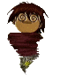Animated cartoon character with brown hair, spiral eyes, and a maroon scarf against gray background.