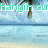 Pixelated beach scene with palm trees and ocean, overlaid text fragments in multiple colors.
