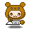 Pixel art of a brown bear-costumed character with a light pink face, holding a white keyboard-like object, in four sequential poses showing hand and eye expression changes.