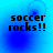 Blue gradient background with four identical displaying 'soccer rocks!!' text in black pixelated font