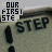 repeated 'YOUR FIRST STEP' text with pixelated lettering on a light gray background, showing slight variations in character clarity across frames