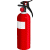 Red fire extinguisher with white label and black nozzle on left; green text 'Original Icons .com' on dark green background right. Pixelated style, no motion observed.