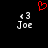 Red pixelated heart symbol above two identical white text labels reading 'Joe' with numeric prefix '43', all on black background.