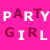 Pixel art contact sheet of a party girl character with multiple poses and outfit variations on a pink background, featuring repeated "PARTY GIRL" text.