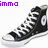 Four pixelated black high-top sneakers with white laces and white rubber soles arranged in a , each with a circular blue-and-white logo on the ankle