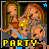 Animated contact sheet showing four frames of a pixel art icon with cartoon women, "PARTY" text in varying colors, and changing numeric values below.