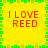 Yellow background with green pixelated border and four identical red text blocks reading 'I LOVE REED' arranged in a