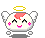 Pixelated angel character with pink cheeks, closed eyes, and a yellow halo in various floating poses.