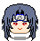 Pixel art avatar with blue hair, red eyes, and a silver headband featuring a spiral symbol on gray background.