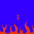 Blue background with orange flame shapes at the bottom and two orange 'G' characters floating above the flames.